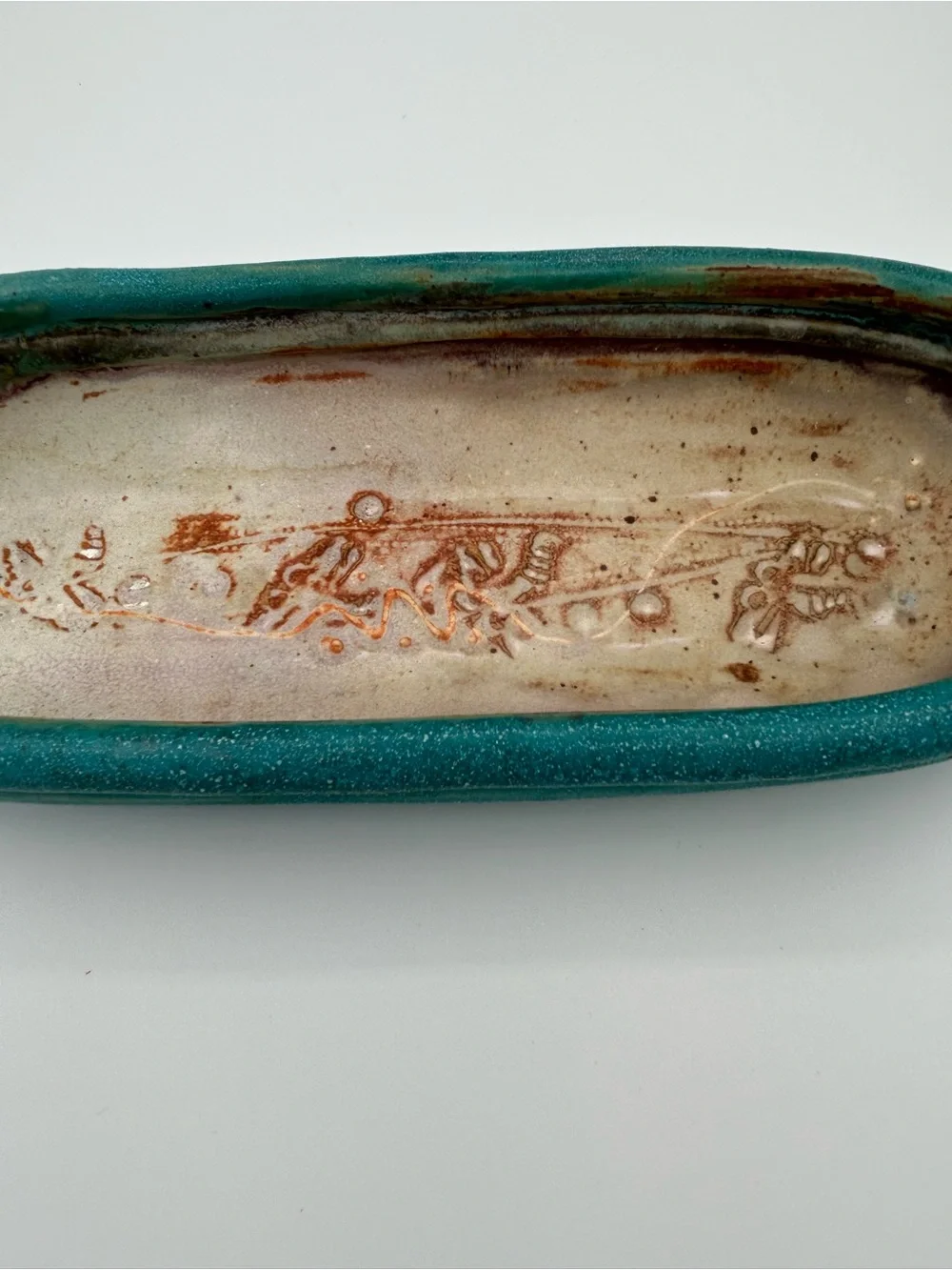 Studio Pottery Oval Serving Tray Trinket Dish Blue Gray Signed Decorative Scene